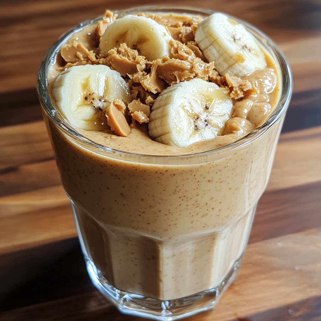 A glass of creamy peanut butter banana smoothie topped with banana slices and crushed peanuts on a wooden table.